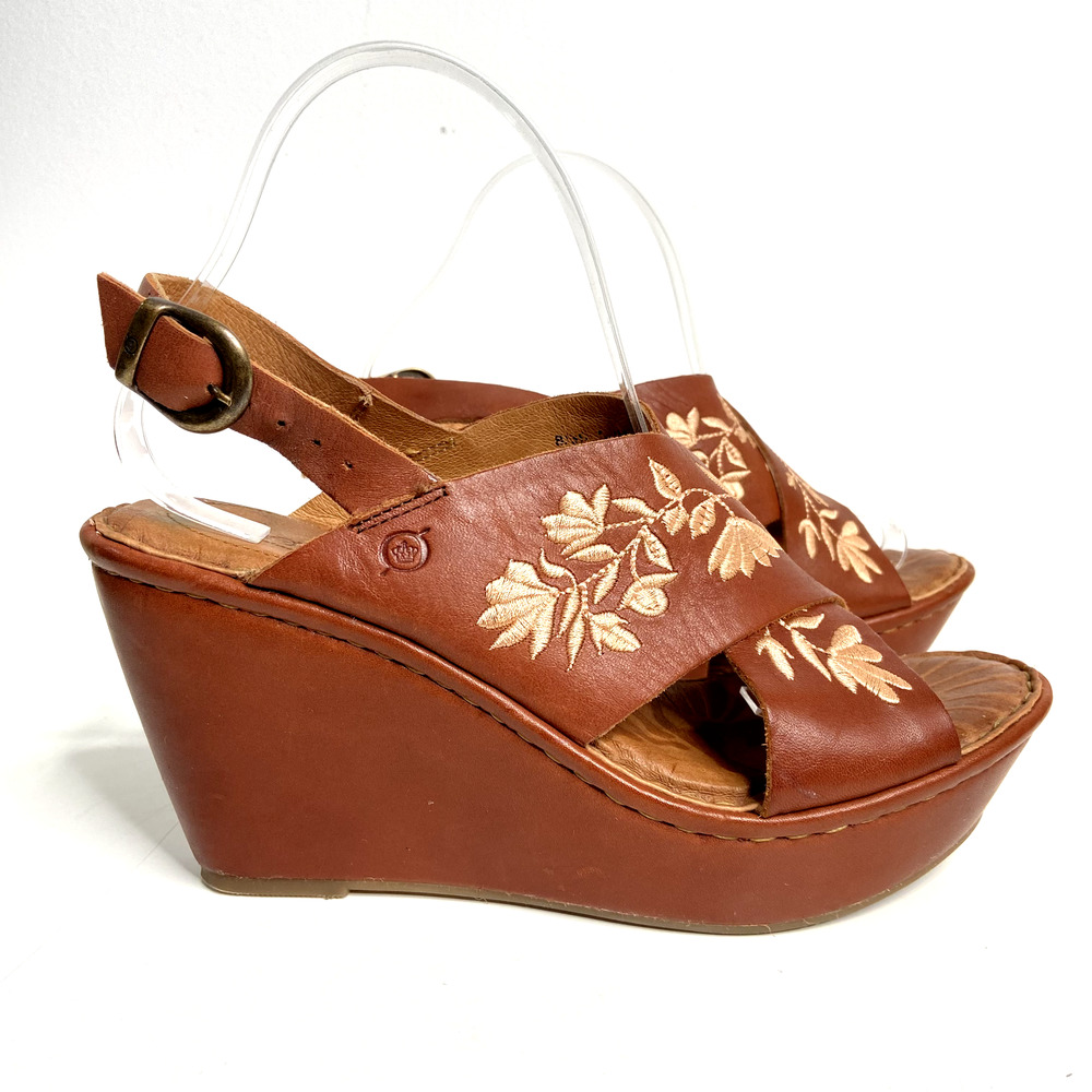 Born Womens Wedge Sandals Sz 8 Brown Leather Platform Floral Embroidered Comfort